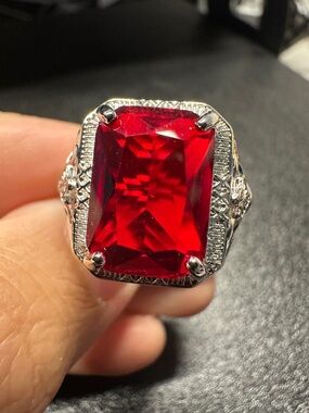 Red Statement Ring Adjustable Silver Tone Bold Gem Ring